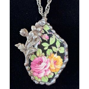 VNT Floral Pendant Necklace Silver Tone Handmade Decoupage Collage Pendant Mid C